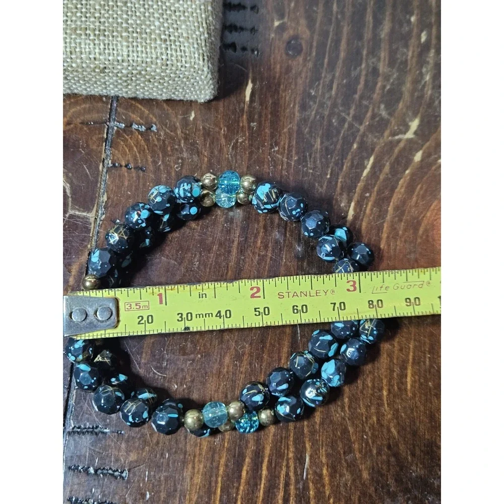 Vintage 2 Strand Bead Bracelet Black Turquoise Gold Splatter Lightweight Boho